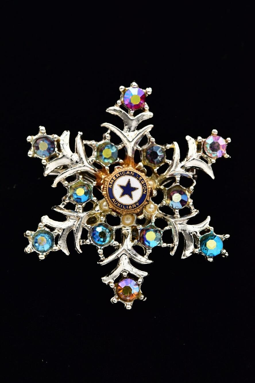 Judy Lee Vintage American Legion Auxiliary AB Crystal Snowflake Brooch Pin BinBI